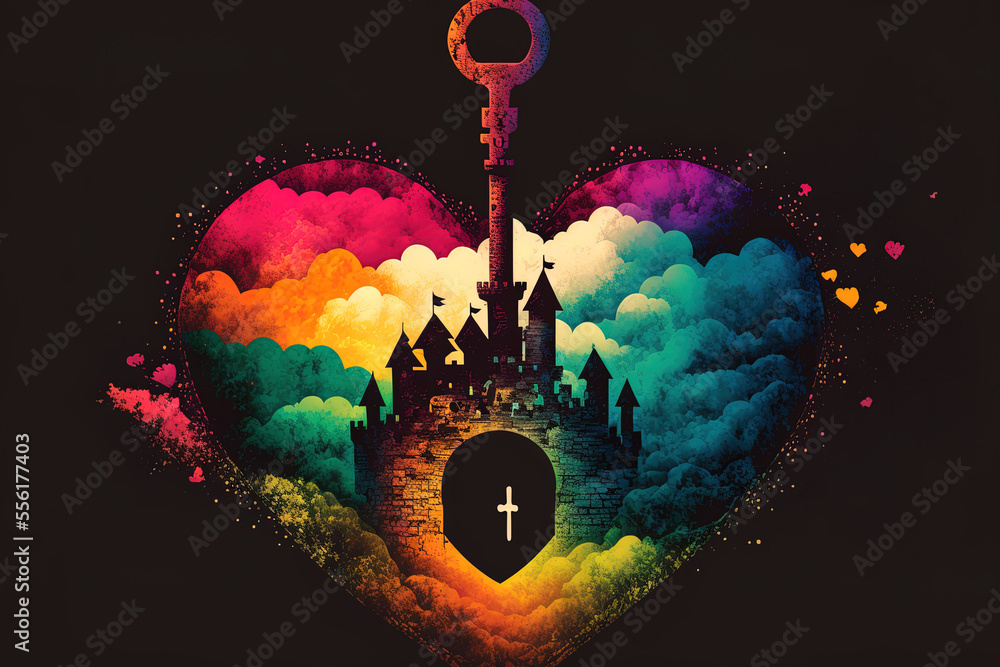 Poster heart shaped color castle with a key symbol, isolated on a colorful background. secure heart keyhole