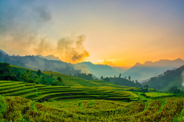 Sunset on terraced fields in Lao Cai, Vietnam. High quality photo	
