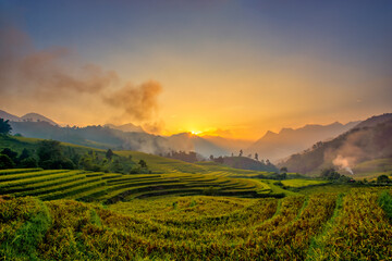 Fototapeta na wymiar Sunset on terraced fields in Lao Cai, Vietnam. High quality photo 