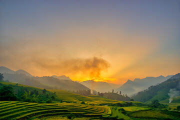 Sunset on terraced fields in Lao Cai, Vietnam. High quality photo	
