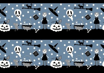 Cartoon Halloween seamless witch and bones and pumpkins pattern for wrapping paper and fabrics and linens