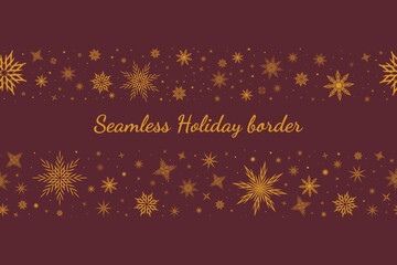 Seamless gold snowflakes border on a red background. Christmas design for greeting card. Vector illustration, merry xmas snow flake header or banner, wallpaper or backdrop decor.