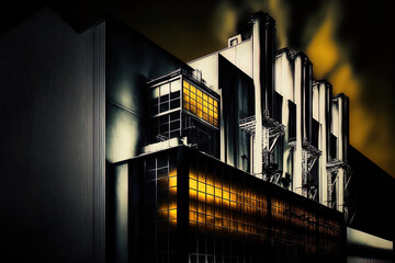 industrial business in the region. with the metropolitan skyline are simple industrial structures. Close up of an industrial building's facade. Metal building in a metropolis at night. Industrial buil