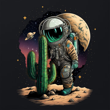 astronaut in galaxy with cactus