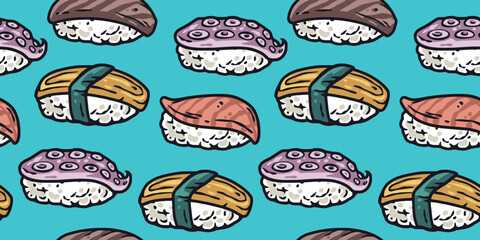 Sushi seamless pattern or japanese seafood backgroundor. Asian food or chinese rolls with salmon, nori
