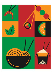 Poster or banner of Asian food. Noodles, rice, shrimp, sushi in flat style.Vector illustration of Asian food