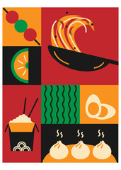 Poster or banner of Asian food. Wok, rice, dim sum, nori in flat style.Vector illustration of Asian food