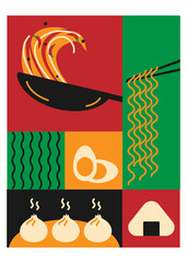 Poster or banner of Asian food. Noodles, wok, dim sum, nori, onigiri in flat style.Vector illustration of Asian food