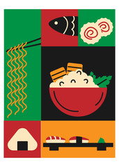 Poster or banner of Asian food. Noodles, rice, sushi, onigiri in flat style.Vector illustration of Asian food