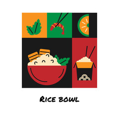 Poster or banner of an Asian dish. Rice and shrimp in the flat style. Vector illustration of Asian food