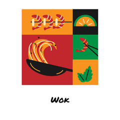 Poster or banner of an Asian dish. Wok and shrimp in the style of flat. Vector illustration of Asian food