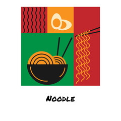 Poster or banner of an Asian dish. Noodles and eggs in the flat style. Vector illustration of Asian food