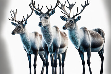 Realistic picture of the reindeer (Rangifer tarandus), dwellers of the tundra, for an encyclopedia of arctic wildlife, on a white backdrop. Generative AI
