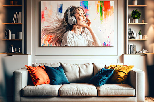 Positive young woman enjoying music while dancing on the sofa in a bright, modern living room while wearing wireless headphones and casual clothing. Generative AI