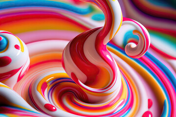 Illustration of a melting colorful yummy candyland, a place full of colorful sweet treats like gummies, lollipops, chocolates, gumdrops, gummies, licorices, mints, nougats