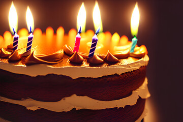 Chocolate Birthday cake with candles, made by artificial intelligence (AI).