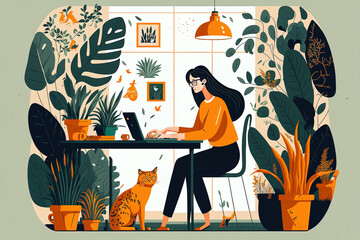 work from home Coronavirus quarantine and self isolation illustration. Woman using laptop in welcoming office with modern design, a cat, and plants. Office drawings for the house. Generative AI
