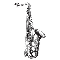 Old retro saxophone musical instrument sketch hand drawn engraving style Vector illustration.