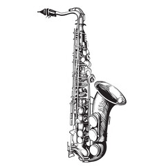 Old retro saxophone musical instrument sketch hand drawn engraving style Vector illustration. - obrazy, fototapety, plakaty