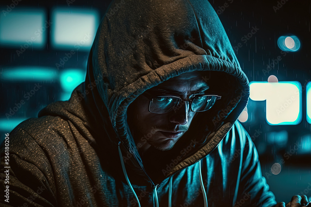 Poster hacker in glasses and a hood works at a computer in the dark, a reflection in glasses. generative ai