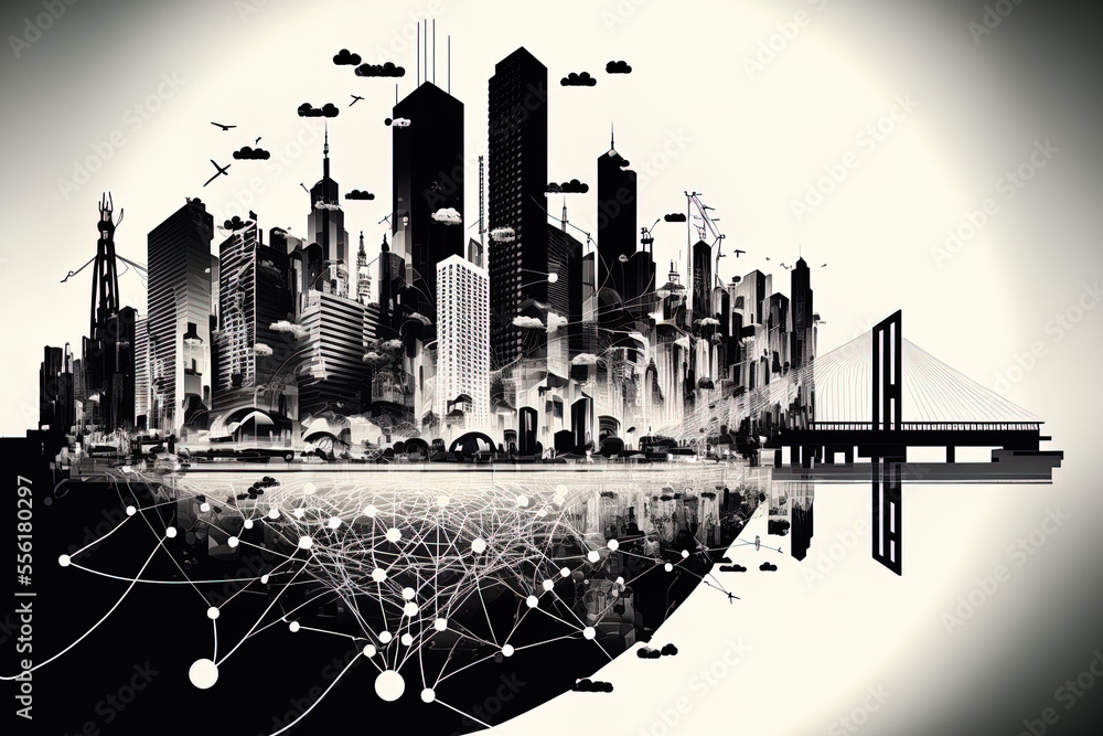 Aufkleber concept of a smart city in black and white with network connections and communication technologies. 