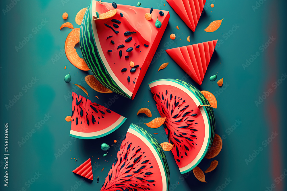 Poster fresh watermelon slices in a vibrant fruit design on a blue backdrop. from the apex. generative ai