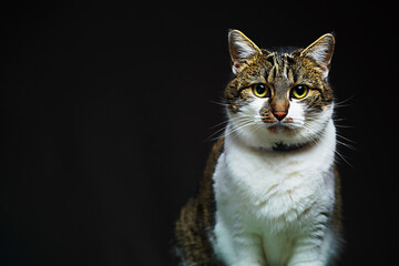 Domestic cat with penetrating gaze on black background. Feline beauty and elegance in animal photography, unique markings of tabby cats. Pets and their role in human lives. Banner with copy space