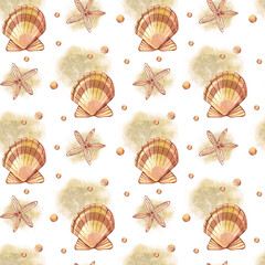 Pattern with sea shells. All elements are hand painted in watercolor. Starfish, pearls, scallop. For print, books, scrapbooking and design.