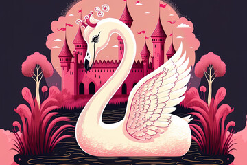 Swan unicorn with a cute backdrop in pink. design for a kid's card or clothing. Generative AI