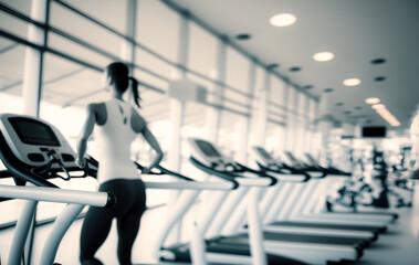 Fototapeta na wymiar Blurred photo of a gym with people on treadmills. People running in machine treadmill at fitness gym club. digital art 