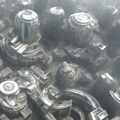 Top view of the metropolis, skyscrapers, streets, city. Stylized abstraction, black and white, ai