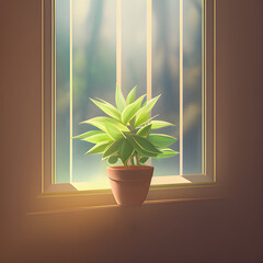 窓辺の植物,朝のイメージ, Generative, AI