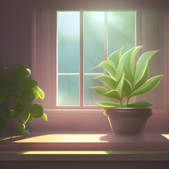 朝の光景,窓辺に置かれた植物, Generative, AI