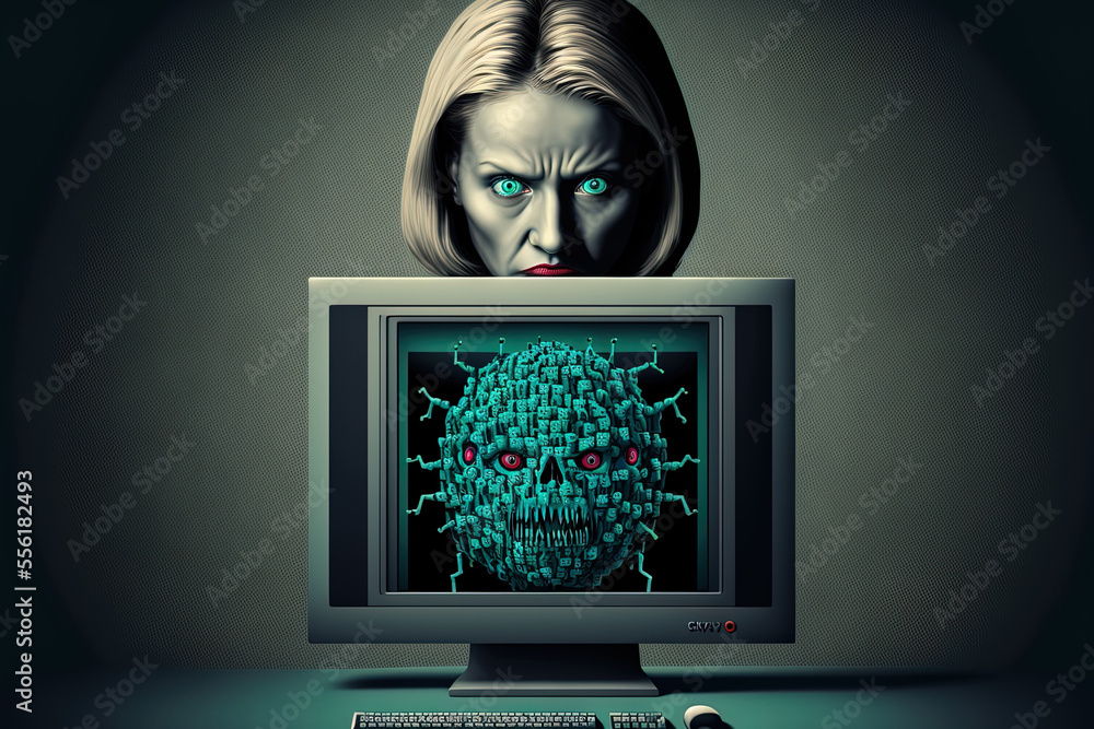 Poster image of a businesswoman looking at the computer while the antivirus system is loading. generative a