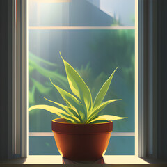 朝の風景,窓辺の植物, Generative, AI