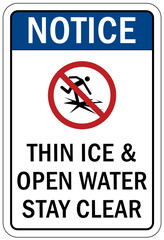 Ice warning sign and labels thin ice and open water stay clear
