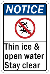 Ice warning sign and labels thin ice and open water stay clear