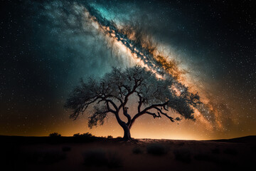 Naklejka na ściany i meble tree shadow and milky way galaxy captured in a long exposure shot with grit. Generative AI