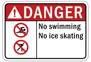Ice warning sign and labels no swimming no ice skating