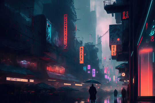 Asian, futuristic cyberpunk metropolis in Japan. gloomy, rainy day with tall buildings. a dystopian future with lighting and neon signs. technologically sophisticated metropolis. Blade runner impressi