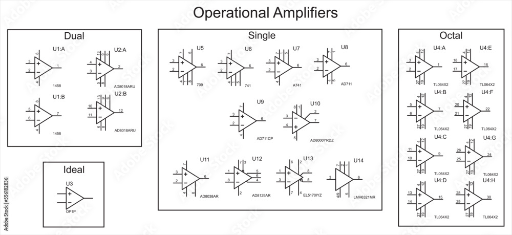Poster conditional graphic designations of operational amplifier chips. vector icons of electronic componen
