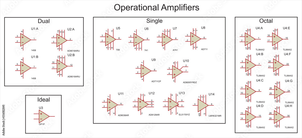 Poster conditional graphic designations of operational amplifier chips. vector icons of electronic componen