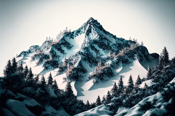 Stunning image of a mountain's snow covered mountainside that is completely covered with trees. Generative AI