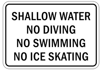 Ice warning sign and labels shallow water no diving no swimming no ice skating