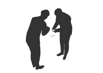 名刺交換をするビジネスマンのシルエットイラスト 斜め構図の全身正面と後ろ姿セット