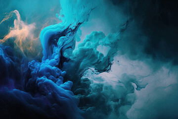 Abstract backdrop with blue acrylic paint and flowing painting ocean of space smoke underneath the surface. Generative AI