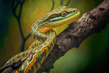 Viper snake closeup on a branch, Tropidolaemus wagleri. Generative AI