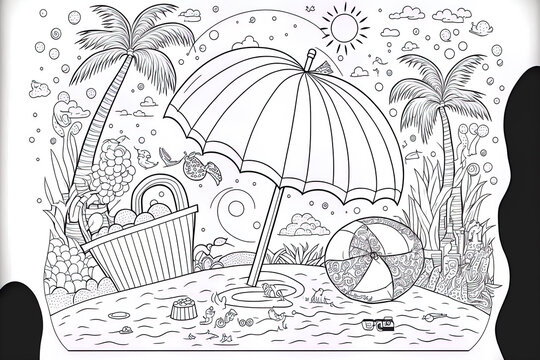 summer vacation on a tropical island coloring sheet. beach themed design featuring a sand pail, umbrella, beach ball, and other beach related objects. Generative AI