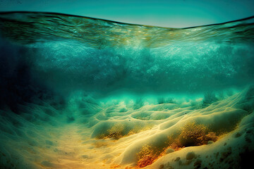 Underwater image of an almost level sea floor with just little sand. Generative AI