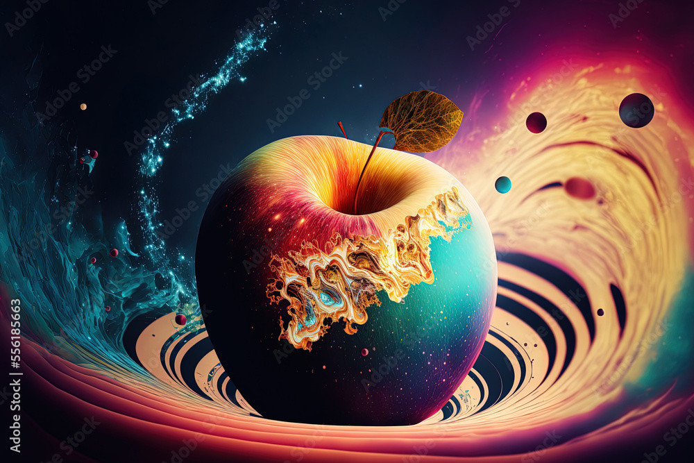 Poster planets or the universe cosmic backdrop, abstract background of an abstract apple. creative room sum